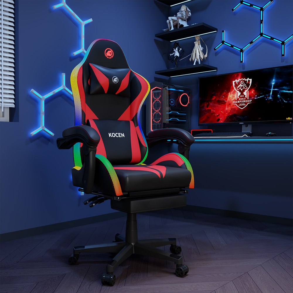Silla para juegos de tela de cuero PU, silla para deportes electrónicos con luces RGB ajustables multicolores, alimentación por USB, control remoto