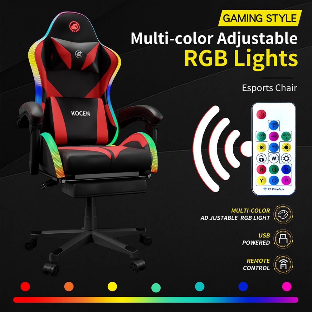 Silla para juegos de tela de cuero PU, silla para deportes electrónicos con luces RGB ajustables multicolores, alimentación por USB, control remoto