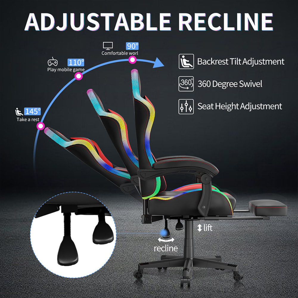 Silla para juegos de tela de cuero PU, silla para deportes electrónicos con luces RGB ajustables multicolores, alimentación por USB, control remoto