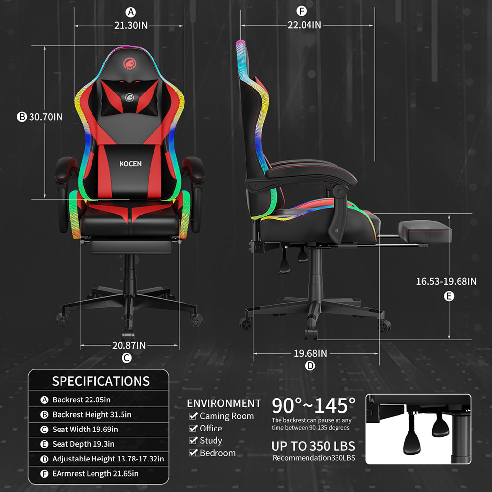 Silla para juegos de tela de cuero PU, silla para deportes electrónicos con luces RGB ajustables multicolores, alimentación por USB, control remoto